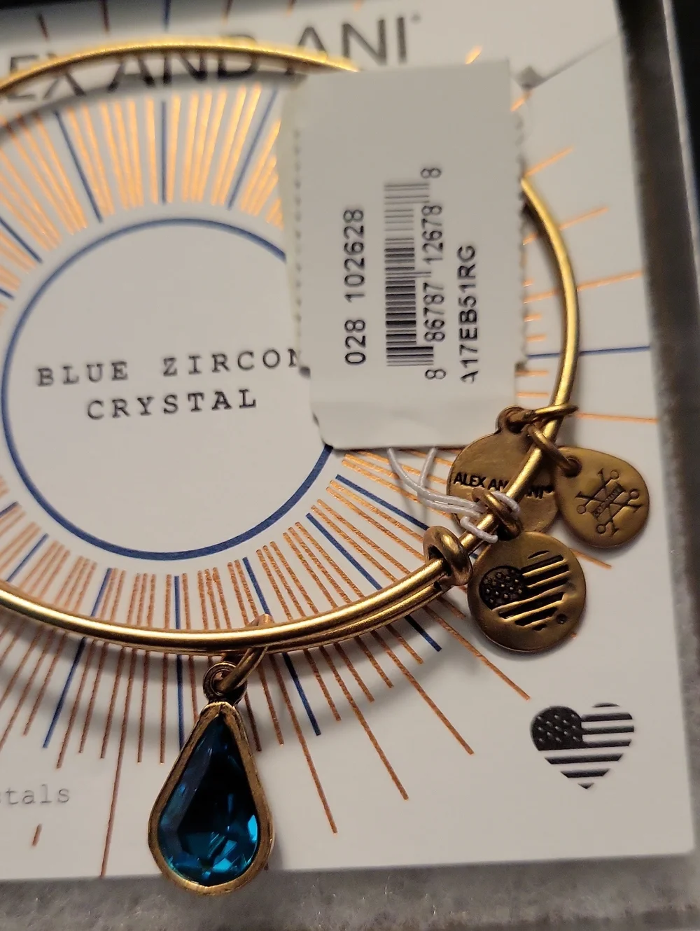 Alex and Ani Gold Bracelet with Blue Teardrop Crystal Charm NWT